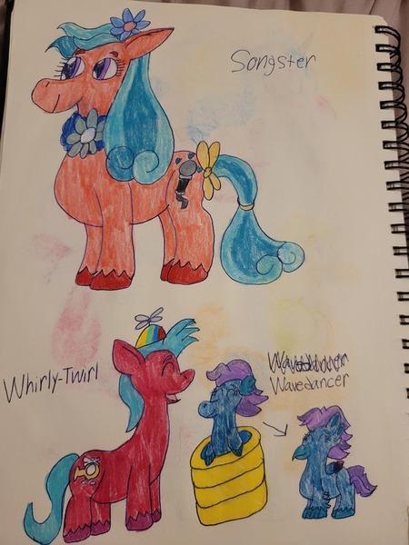 Size: 3024x4032 | Tagged: safe, artist:mintwhistle, derpibooru import, songster, earth pony, hippogriff, pony, sea pony, seapony (g4), baby, baby pony, baby sea ponies, baby seapony (g4), baby wavedancer, baby whirly-twirl, bow, collar, colored pencil drawing, colt, derpibooru exclusive, eyes closed, female, filly, fledgeling, flower, flower in hair, foal, g1, g1 to g5, g5, generation leap, happy, hat, image, jpeg, male, mare, old art, open mouth, open smile, propeller hat, redesign, sketchbook, smiling, swimming pool, tail, tail band, tail bow, traditional art, trio, unshorn fetlocks