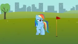 Size: 1280x721 | Tagged: safe, artist:agrol, derpibooru import, rainbow dash, everypony plays sports games, golf, golf ball, image, png, sports, tree