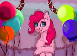 Size: 712x512 | Tagged: safe, artist:ske, derpibooru import, pinkie pie, earth pony, balloon, chest fluff, image, jpeg, looking at you, open mouth, open smile, smiling, solo