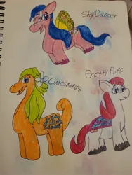 Size: 3024x4032 | Tagged: safe, artist:mintwhistle, derpibooru import, cutesaurus, dinosaur, earth pony, pony, blaze (coat marking), bow, coat markings, colored pencil drawing, derpibooru exclusive, facial markings, female, flying, g1, g1 to g5, g5, generation leap, hair bow, image, jpeg, looking back, mare, old art, one eye closed, open mouth, open smile, pretty puff, redesign, saddle, sketchbook, sky dancer, smiling, summer wing ponies, summerwing ponies, tack, traditional art, trio, unshorn fetlocks, wink