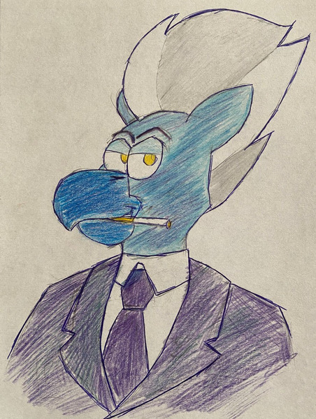 Size: 885x1174 | Tagged: safe, artist:rotgriff, derpibooru import, sky beak, anthro, hippogriff, beak, bust, cigarette, clothes, g4, image, jpeg, lidded eyes, looking at you, male, necktie, portrait, smiling, smirk, smoking, solo, suit, traditional art