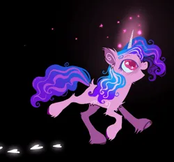 Size: 1583x1471 | Tagged: safe, artist:caninecrypt, derpibooru import, izzy moonbow, pony, unicorn, black background, chest fluff, g5, happy, heart, heart eyes, hoof heart, hoofprints, hoofsteps, image, jpeg, magic, open mouth, open smile, simple background, smiling, solo, underhoof, unshorn fetlocks, wingding eyes