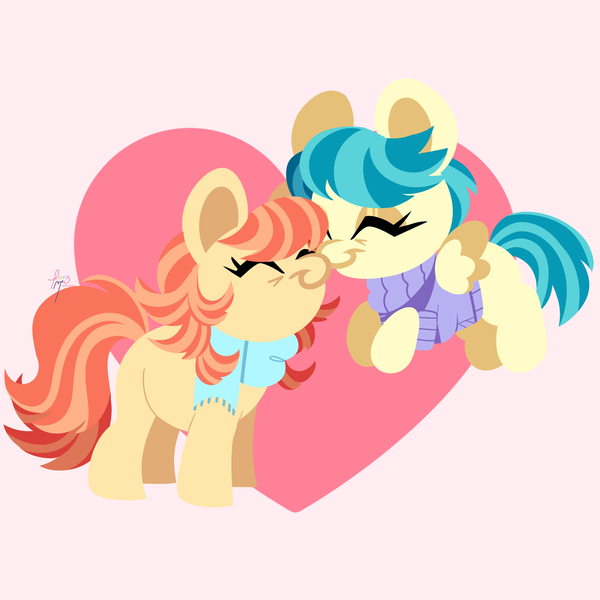 Size: 4100x4100 | Tagged: safe, artist:fizzlefer, derpibooru import, aunt holiday, auntie lofty, oc, unofficial characters only, earth pony, pegasus, pony, boop, duo, eyes closed, female, heart, heart background, image, lesbian, lofty day, mare, noseboop, nuzzling, png, shipping, smiling