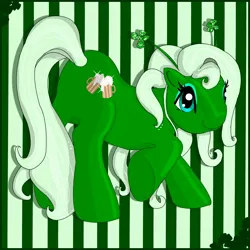 Size: 2000x1998 | Tagged: safe, artist:noelle23, derpibooru import, oc, unofficial characters only, earth pony, pony, alcohol, ass up, beer, butt, clover, eyeshadow, female, four leaf clover, g3, holiday, image, jpeg, makeup, mare, plot, raised hoof, rear view, saint patrick's day, smiling, solo, underhoof