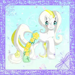 Size: 2000x2000 | Tagged: safe, artist:noelle23, derpibooru import, oc, unofficial characters only, dragonfly, earth pony, insect, pony, blushing, female, g3, image, jpeg, looking at you, mare, raised hoof, solo, spring