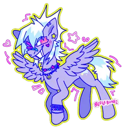 Size: 1168x1191 | Tagged: safe, artist:beetlebonez, derpibooru import, cloudchaser, pegasus, pony, bandaid, blue mane, blushing, bracelet, ear piercing, eyestrain warning, female, heart, image, jewelry, looking at you, necklace, one eye closed, piercing, pink eyes, png, purple coat, scene, simple background, smiling, smiling at you, solo, solo female, spread wings, stars, transparent background, walking, wings, wink, winking at you