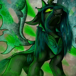 Size: 1808x1808 | Tagged: safe, artist:angelwingsmlpfim, derpibooru import, queen chrysalis, changeling, changeling queen, fangs, female, image, jpeg, perspective, signature, smiling, solo, spread wings, ultimate chrysalis, wings