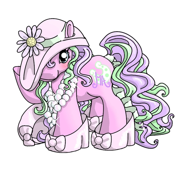 Size: 1000x970 | Tagged: safe, artist:noelle23, derpibooru import, oc, unofficial characters only, earth pony, pony, clothes, female, flower, g3, hat, image, jewelry, jpeg, looking at you, necklace, oversized clothes, oversized hat, pearl necklace, raised hoof, ribbon, simple background, solo, tail, white background