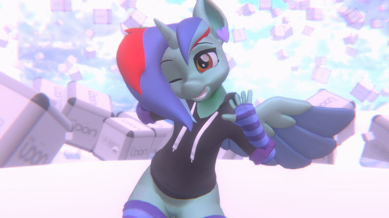 Size: 1920x1080 | Tagged: safe, derpibooru import, oc, oc:omega beats, alicorn, anthro, 3d, arm warmers, clothes, ear piercing, earring, hoodie, horn, image, jewelry, one eye closed, piercing, png, smiling, socks, solo, spread wings, vrchat, wings, wink