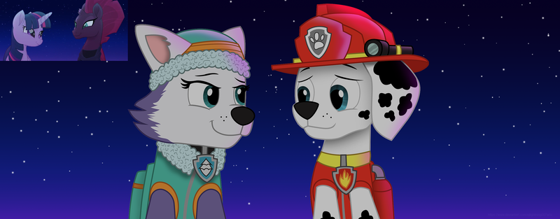 Size: 2803x1095 | Tagged: safe, artist:ejlightning007arts, derpibooru import, tempest shadow, twilight sparkle, twilight sparkle (alicorn), alicorn, dalmatian, dog, husky, pony, :3, everest (paw patrol), image, looking at you, looking back, looking back at you, marshall (paw patrol), parody, paw patrol, png, scene parody, shipping