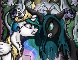 Size: 939x720 | Tagged: safe, artist:angelwingsmlpfim, derpibooru import, princess celestia, queen chrysalis, alicorn, changeling, changeling queen, pony, a canterlot wedding, angry, clash, crossed horns, duo, female, horn, horns are touching, image, jpeg, mare, scene interpretation, scowl, serious, serious face, signature