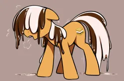 Size: 1000x650 | Tagged: safe, artist:thebatfang, derpibooru import, oc, oc:s'mare, ponified, unofficial characters only, earth pony, food pony, original species, pony, brown background, dripping, female, food, freckles, image, mare, melting, motion lines, panting, png, simple background, solo