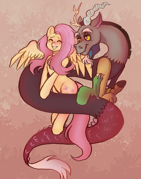 Size: 702x891 | Tagged: safe, artist:eadekki, derpibooru import, discord, fluttershy, draconequus, pegasus, blushing, discoshy, female, image, jpeg, male, shipping, straight