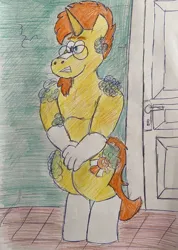 Size: 851x1192 | Tagged: suggestive, artist:rotgriff, derpibooru import, sunburst, anthro, pony, unguligrade anthro, unicorn, bubble, covering, covering crotch, door, embarrassed, embarrassed nude exposure, g4, glasses, image, jpeg, male, nudity, solo, solo male, stallion