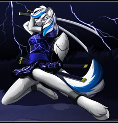 Size: 2926x3060 | Tagged: safe, artist:tales foxdale, derpibooru import, oc, oc:lady lightning strike, anthro, pegasus, commission, cuffs, image, lightning, png, solo, sword, weapon, ych result
