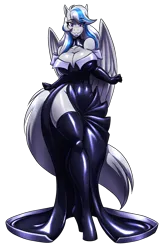 Size: 2017x3083 | Tagged: suggestive, artist:toughset, derpibooru import, oc, oc:lady lightning strike, anthro, pegasus, big breasts, breasts, cleavage, clothes, dress, gala dress, gloves, huge breasts, image, latex, latex dress, latex gloves, latex stockings, png, solo, total sideslit, wasp waist, whore lips