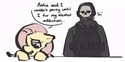 Size: 809x404 | Tagged: safe, artist:draictas_, derpibooru import, fluttershy, human, pony, alcoholism, call of duty, call of duty: modern warfare 2, clothes, crossover, dialogue, female, image, jpeg, male, mare, mask, simon "ghost" riley, uniform