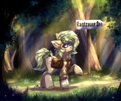 Size: 3000x2500 | Tagged: safe, artist:mysha, derpibooru import, oc, oc:nettle vienna, unofficial characters only, earth pony, pony, bag, clothes, crepuscular rays, earth pony oc, female, forest, image, jacket, mare, png, sign, solo, tree