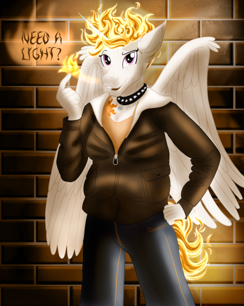 Size: 2000x2500 | Tagged: safe, artist:sixes&sevens, derpibooru import, princess celestia, alicorn, anthro, alternate hairstyle, alternative cutie mark placement, brick wall, clothes, collar, female, fiery mane, fire, image, jacket, leather, leather jacket, png, solo