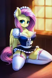 Size: 4096x6144 | Tagged: suggestive, ai content, derpibooru import, machine learning generated, novelai, stable diffusion, fluttershy, anthro, pegasus, pony, g4, absurd resolution, breasts, busty fluttershy, cleavage, clothes, female, fluttermaid, garter belt, image, jpeg, kneeling, looking at you, maid, mare, panties, prompter:endless--, smiling, smiling at you, socks, solo, stockings, tail, thigh highs, underwear, window, wings