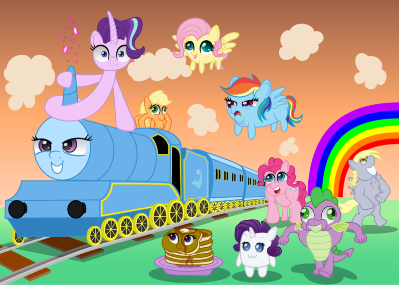 Size: 2000x1429 | Tagged: safe, artist:spellboundcanvas, derpibooru import, applejack, derpy hooves, fluttershy, pinkie pie, rainbow dash, rarity, spike, starlight glimmer, trixie, twilight sparkle, cloud, food, food transformation, i'm pancake, image, inanimate tf, long glimmer, long pony, mane seven, mane six, marshmallow, pancakes, png, railroad, rainbow, rarity is a marshmallow, spiderjack, train, trainified, transformation