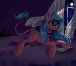 Size: 3000x2600 | Tagged: safe, artist:ske, derpibooru import, oc, unofficial characters only, unicorn, bed, book, choker, curved horn, horn, image, jpeg, leonine tail, lying down, moonlight, prone, smiling, solo, tail