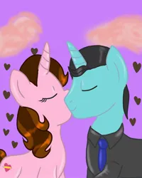 Size: 2000x2500 | Tagged: safe, artist:wrath-marionphauna, derpibooru import, oc, oc:color breezie, oc:mysterious science, unofficial characters only, unicorn, clothes, cloud, couple, eyes closed, heart, image, jpeg, kiss on the cheek, kissing, necktie