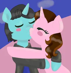 Size: 1990x2048 | Tagged: safe, artist:wrath-marionphauna, derpibooru import, oc, oc:color breezie, oc:mysterious science, unofficial characters only, pony, unicorn, blushing, clothes, hug, image, jpeg, kiss on the lips, kissing, necktie
