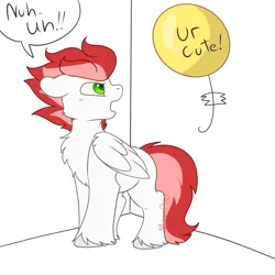 Size: 2048x2048 | Tagged: safe, artist:moonpi, derpibooru import, oc, oc:swift apex, unofficial characters only, pegasus, pony, balloon, chest fluff, denial, dialogue, fluffy, i'm not cute, image, looking back, male, pegasus oc, png, simple background, solo, speech bubble, stallion, tape, unshorn fetlocks, white background, wings
