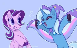 Size: 2123x1337 | Tagged: safe, artist:beetlebonez, derpibooru import, starlight glimmer, trixie, pony, unicorn, bisexual pride flag, blushing, cape, clothes, duo, duo female, eyes closed, face paint, female, happy, hat, image, implied lesbian, implied shipping, implied startrix, open mouth, open smile, png, pride, pride flag, simple background, smiling, stars, trans trixie, transgender, transgender pride flag, trixie's cape, trixie's hat, underhoof, unshorn fetlocks
