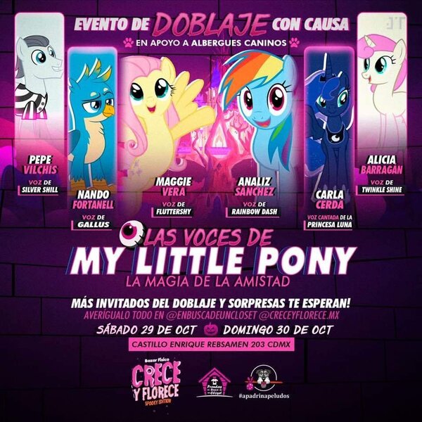 Size: 960x960 | Tagged: safe, derpibooru import, fluttershy, gallus, princess luna, rainbow dash, silver shill, alicia barragan, analiz sánchez, carla cerda, cdmx, convention, halloween, holiday, image, jpeg, latin american, maggie vera, mexico, nando fortanell, pepe vilchis, poster, twinkle shine