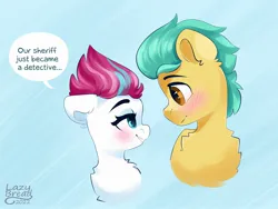 Size: 2048x1536 | Tagged: safe, artist:lazybread, derpibooru import, hitch trailblazer, zipp storm, earth pony, pegasus, pony, blushing, chest fluff, cute, dialogue, duo, ear fluff, eye contact, female, floppy ears, fluffy, g5, grin, hitchzipp, image, jpeg, lidded eyes, looking at each other, looking at someone, male, mare, neck fluff, nervous, shipping, smiling, speech bubble, stallion, straight