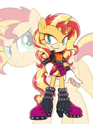 Size: 774x1032 | Tagged: safe, artist:kanayanga, derpibooru import, part of a set, sunset shimmer, anthro, unicorn, bracelet, hand on hip, image, jewelry, jpeg, looking at you, mobian, smiling, smiling at you, sonic the hedgehog (series), sonicified