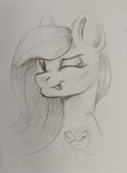 Size: 1594x2160 | Tagged: safe, artist:ske, derpibooru import, fluttershy, pony, image, jpeg, looking at you, one eye closed, sketch, smiling, solo, tongue out, traditional art, wink, winking at you