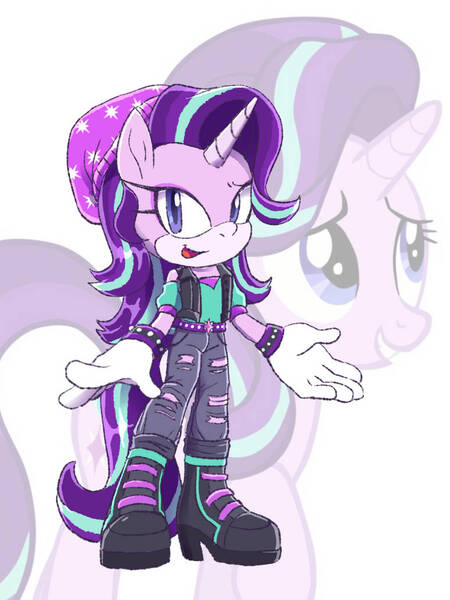 Size: 774x1032 | Tagged: safe, artist:kanayanga, derpibooru import, part of a set, starlight glimmer, anthro, unicorn, clothes, image, jeans, jpeg, looking at you, mobian, open mouth, pants, ripped jeans, ripped pants, sonic the hedgehog (series), sonicified, torn clothes