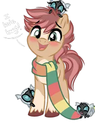 Size: 1195x1549 | Tagged: safe, artist:emberslament, derpibooru import, oc, oc:pitch pine, changeling, changeling larva, earth pony, blushing, clothes, derpibooru exclusive, image, png, scarf, simple background, text, transparent background