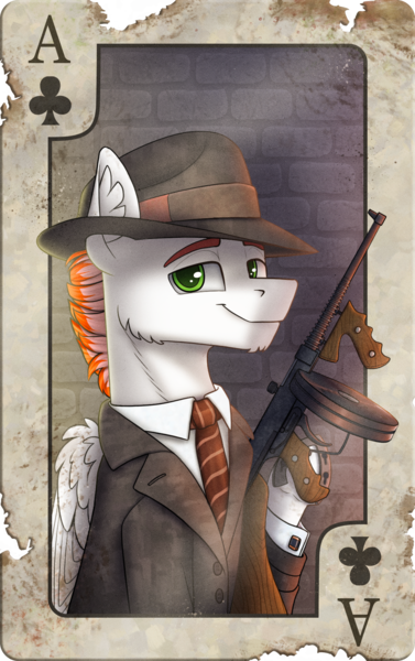 Size: 1054x1679 | Tagged: safe, artist:helmie-art, derpibooru import, oc, oc:swift apex, pegasus, pony, ace of clubs, clothes, fedora, gun, hat, image, playing card, png, solo, suit, tommy gun, weapon