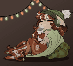 Size: 1100x1000 | Tagged: safe, artist:purplegrim40, derpibooru import, oc, unofficial characters only, anthro, earth pony, unguligrade anthro, animated, beanie, blanket, christmas, christmas lights, commission, ear twitch, earth pony oc, eyes closed, floppy ears, gif, hat, holiday, image, mug, pillow, simple background, smiling, solo, string lights, ych result