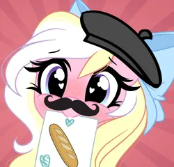 Size: 2434x2341 | Tagged: safe, artist:emberslament, derpibooru import, oc, oc:bay breeze, unofficial characters only, pony, baguette, barrett, bread, cute, derpibooru exclusive, facial hair, female, food, image, looking at you, mare, moustache, png