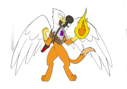Size: 3278x2306 | Tagged: safe, artist:l.scratch, artist:somber, derpibooru import, gryphon, fire, image, magic, png, rocket launcher, solo, weapon