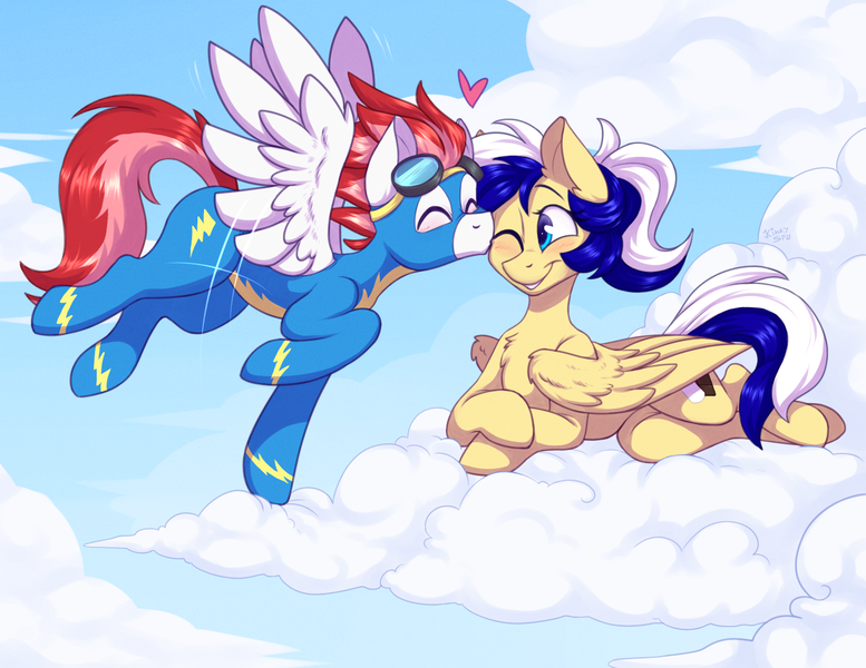 Size: 1367x1056 | Tagged: safe, artist:kinkyspy, derpibooru import, oc, oc:animatedpony, oc:swift apex, unofficial characters only, pegasus, pony, clothes, cloud, eyes closed, flying, image, kiss on the cheek, kissing, lying down, lying on a cloud, on a cloud, png, solo, uniform, wonderbolts uniform