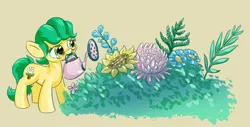 Size: 1280x651 | Tagged: safe, artist:lytlethelemur, derpibooru import, oc, earth pony, earth pony oc, female, flower, image, jpeg, mouth hold, watering can