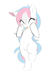 Size: 2578x3646 | Tagged: safe, artist:randy, edit, oc, oc:aryanne, unofficial characters only, pony, alternate hair color, belly button, bipedal, chubby, clothes, colored, cute, eyes closed, featured image, image, nazi, png, pride, pride flag, simple background, sketch, tongue out, touching face, transgender pride flag, white background