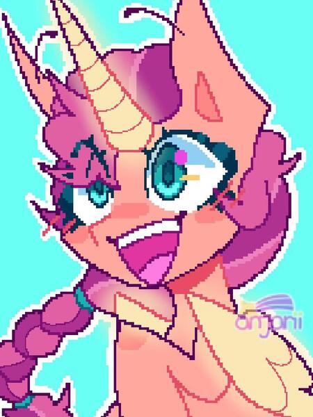 Size: 649x865 | Tagged: safe, artist:anwa-gows-uwu, derpibooru import, sunny starscout, alicorn, pony, my little pony: a new generation, spoiler:my little pony: a new generation, blushing, braid, female, floating eyebrows, g5, image, jpeg, mare, open mouth, pixel art, smiling, solo