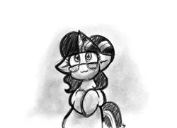 Size: 1290x937 | Tagged: safe, artist:zutcha, derpibooru import, sci-twi, twilight sparkle, ponified, pony, unicorn, equestria girls, black and white, cute, equestria girls ponified, female, floppy ears, grayscale, image, looking up, mare, monochrome, png, simple background, solo, twiabetes, unicorn sci-twi, white background