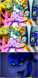 Size: 2401x4902 | Tagged: safe, artist:thebenalpha, derpibooru import, princess celestia, princess luna, alicorn, pony, between dark and dawn, season 9, spoiler:s09, alternate hairstyle, blushing, comic, duo, female, image, mare, meme, plushie, png, ponytail, royal sisters, siblings, sisters