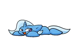 Size: 645x427 | Tagged: safe, artist:zutcha, derpibooru import, trixie, pony, unicorn, female, flat fuck friday, floppy ears, image, looking back, lying down, mare, open mouth, open smile, png, prone, simple background, smiling, solo, sploot, white background