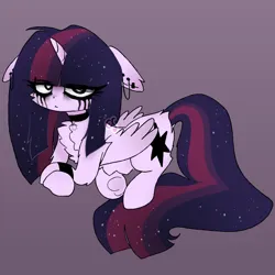 Size: 1800x1800 | Tagged: safe, alternate version, artist:cutiesparke, derpibooru import, twilight sparkle, twilight sparkle (alicorn), alicorn, pony, alternate design, alternate hairstyle, bracelet, butt fluff, chest fluff, choker, dock, ear fluff, ear piercing, earring, ethereal mane, female, floppy ears, fluffy, goth, gradient background, gradient mane, image, jewelry, lightly watermarked, looking at you, mascara, piercing, png, running mascara, solo, tail, watermark