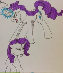 Size: 1115x1280 | Tagged: safe, artist:lorelei, derpibooru import, rarity, pony, unicorn, curved horn, female, horn, image, jpeg, mare, simple background, solo, traditional art
