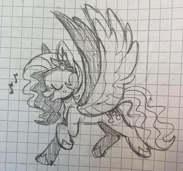 Size: 2692x2507 | Tagged: safe, artist:anwa-gows-uwu, derpibooru import, pipp petals, pegasus, pony, eyes closed, female, g5, graph paper, image, jpeg, mare, monochrome, music notes, singing, sketch, solo, traditional art